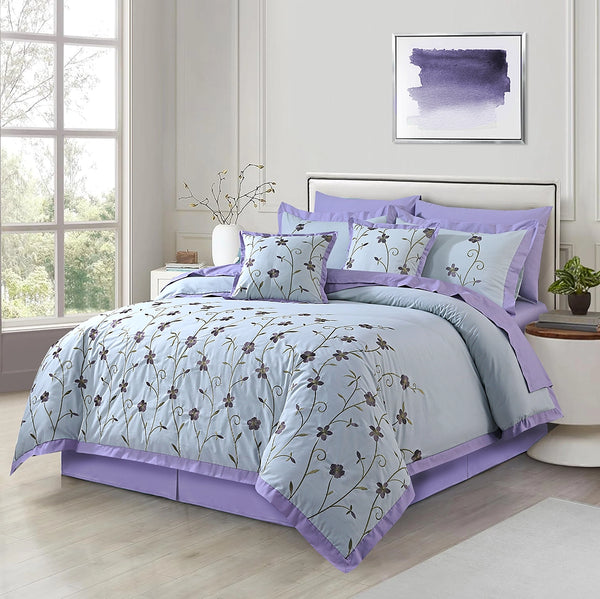 Lavender Bloom Embroidered Duvet Cover Set