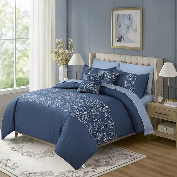 Midnight Bloom Embroidered Duvet Cover Set