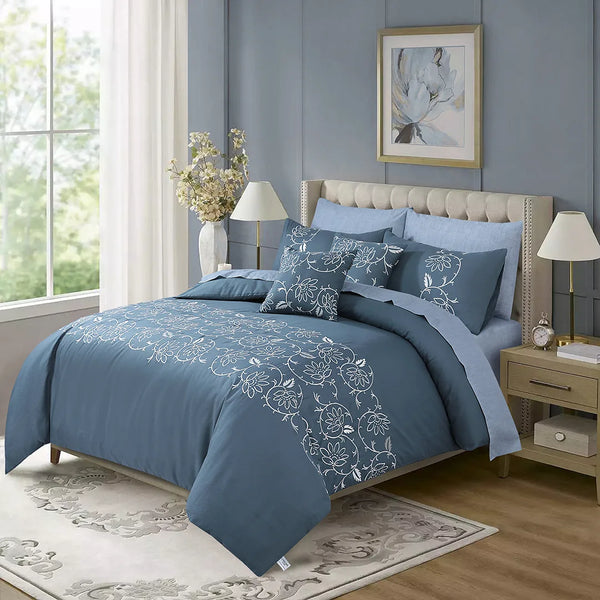 Midnight Bloom Embroidered Duvet Cover Set