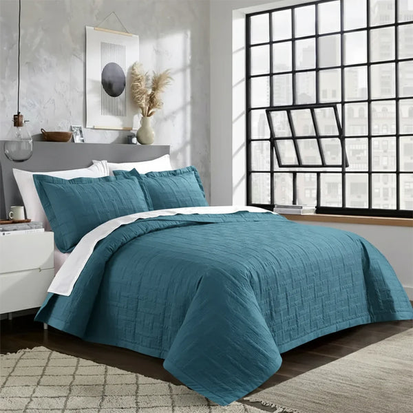 Blue Grid Bedspread Set
